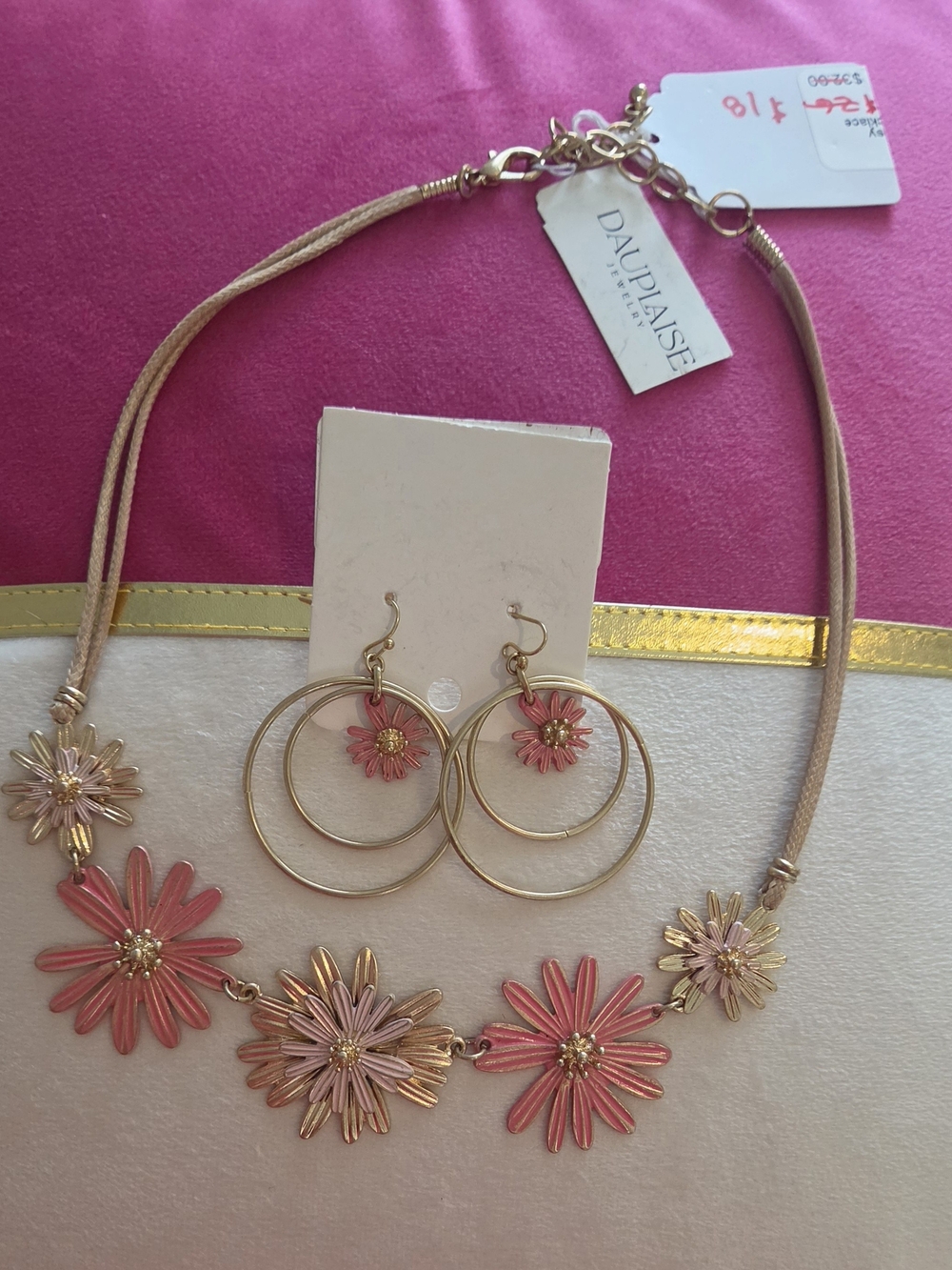 NWT Dauplaise Pink Floral Statement Necklace & Hoop Earring Set